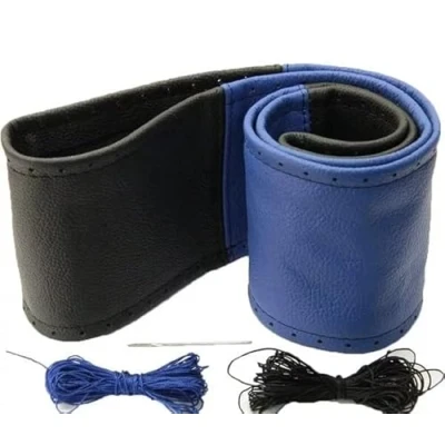 Abbildung von Lenkradbezug schwarz blau echt Leder 37 39 cm zum Schnüren Lenkrad Schoner