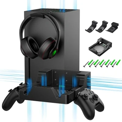 Abbildung von ZAONOOL Wandhalterung für Xbox Series X mit 2 Controller Halterungen und Headset Ständer, Wandhalterungsset XSX Zubehör, Wandregal Dual Belüftungsdesign, Konsole nach vorne zeigend platzieren