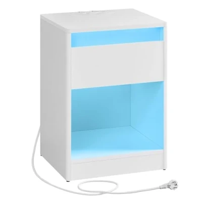 Abbildung von VASAGLE Nachttisch mit Einstellbarer LED Beleuchtung, Beistelltisch Steckdosen, Schublade, 2 AC USB Anschlüsse, modern, für Schlafzimmer, Wohnzimmer, wolkenweiß LET618T15