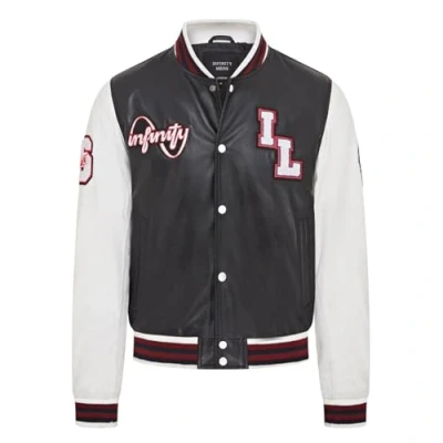 Abbildung von Infinity Leather Herren Baseball Bomberjacke aus schwarzem und weißem Letterman Leder