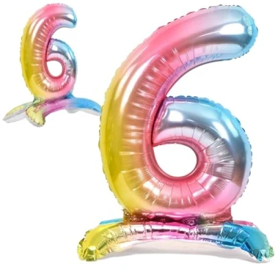Abbildung von Luftballon 6. Geburtstag Zahl 6 Mehrfarbig Pastell Stehende XXL Riesen Folienballon 82cm Geburtstagsdeko Ballon Deko zum Geburtstag.