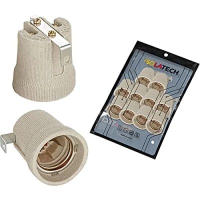 Abbildung von ISOLATECH 10Stk E27 grau Keramik Fassung mit Befestigungswinkel/Innenbügel (max.250V/4A) Leuchtmittel für Home Decke Installation Badezimmer Küche Kühlschrank Halterung Sockel einbauen hitzebeständig