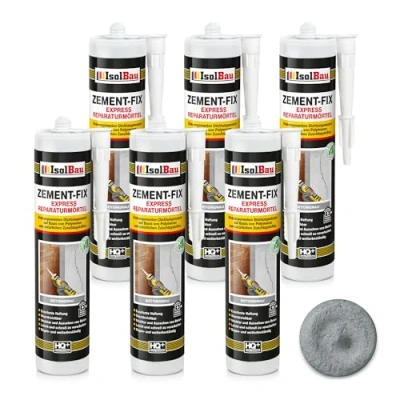 Abbildung von Isolbau Zement Fix 6 x 300 ml Betongrau Express Reperaturmörtel Dichtungsmasse für Fugen &amp; Risse im Innen Außenbereich, Kartusche