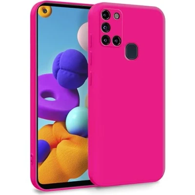 Abbildung von MyGadget Hülle für Samsung Galaxy A21s Zweilagige Handyhülle mit Kameraschutz Cover Innenfutter &amp; Silikon außen Magenta Rot