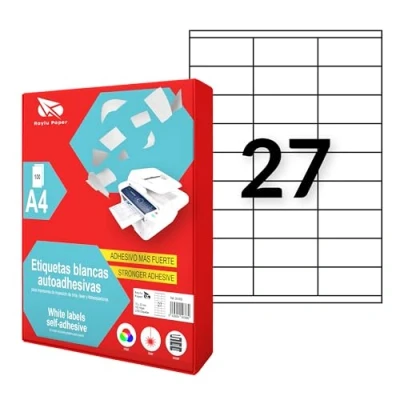 Abbildung von Raylu Paper ® selbstklebende weiße Etiketten zum Drucken, Papieraufkleber auf A4 Bögen für Inkjet Drucker, Laser und Fotokopierer, 27 pro Blatt (70 x 32 mm)