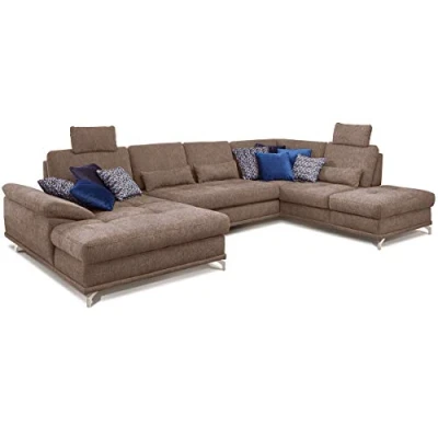 Abbildung von Cavadore Wohnlandschaft Castiel mit Federkern / Großes Schlafsofa in U Form Bett, Sitztiefenverstellung und Kopfstützen 368 x 114 232 Webstoff, Hellbraun