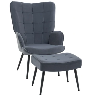 Abbildung von HOMCOM Relaxsessel Loungesessel mit Hocker, Armlehnstuhl Stahlbeine, Fernsehsessel (Relaxstuhl, 2 St., Armlehensessel Hocker), Grau
