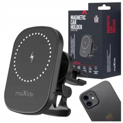 Abbildung von Maxlife MXCH 16 Auto Halterung mit kabelloser Ladung MagSafe kompatibel 15W Schnellladung 360 drehbar Stabil und zuverlässig für unterwegs