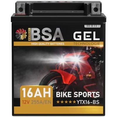 Abbildung von BSA YTX16 BS GEL Motorradbatterie 12V 16Ah 255A/EN Batterie doppelte Lebensdauer entspricht 51422 4 YTX16BS ETX16 vorgeladen auslaufsicher wartungsfrei ersetzt 14Ah