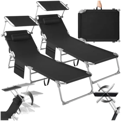 Abbildung von tectake® 2er Set Sonnenliege klappbar und tragbar, Liege mit Seitentasche, Strandliege, Gartenliege Dach, Liegestuhl Verstellbarer Rückenlehne, Kopfkissen für Balkon, Terrasse (schwarz)