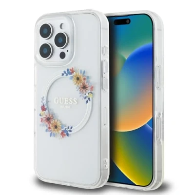 Abbildung von Guess Hülle kompatibel mitiPhone 16 Pro Max Back Cover hul mit Magsafe IML Flowers Transparent