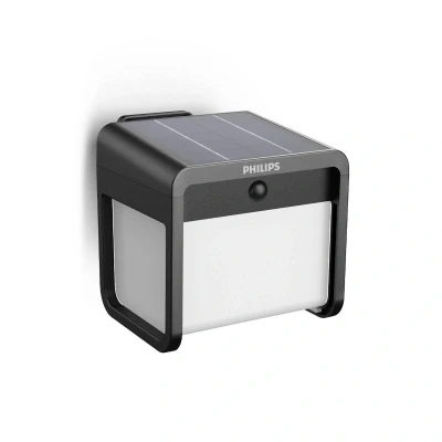 Abbildung von PHILIPS Ezra ultraeffiziente Solar Wandleuchte für den Außenbereich mit Sensor, 3000K weißes Licht, 250/25lm, Schwarz