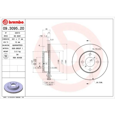 Abbildung von BREMBO 09.3095.20 Bremsscheibe 231 17 4 innenbelüftet SUZUKI: Alto VI, Wagon R+ I Schrägheck
