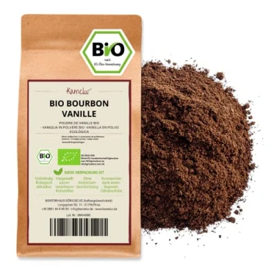 Abbildung von Kamelur 20g Echte BIO Bourbon Vanille gemahlen aus Madagaskar aromatisches Pulver, ohne Zusätze Vanillepulver in biologisch abbaubarer Verpackung