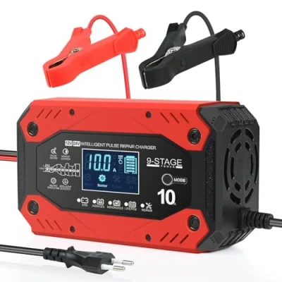 Abbildung von Weinsamkeit 10A Autobatterieladegerät, 12V / 24V Smart Vollautomatisches Autobatterieladegerät mit LCD Bildschirm, Geeignet für Auto LKW Motorrad Rasenmäher Van Boot Marine Batterien
