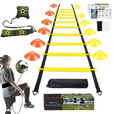 Abbildung von YGORTECH fussball trainingszubehör, Koordinationsleiter 6m, 12 Hütchen und fußball Kick Trainer, trainingsset geschenke jungen Erwachsener
