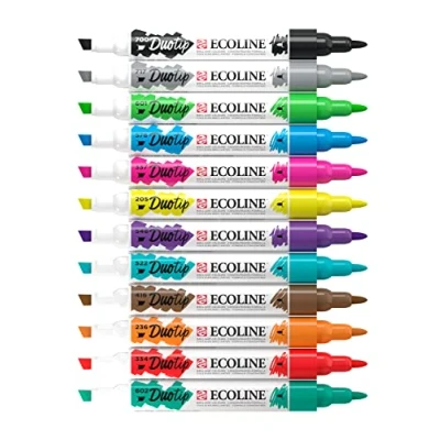Abbildung von Ecoline Duotip flüssige Aquarellstifte 12er Set Grundfarben Stifte mit feiner Kugelspitze und breiter Keilspitze