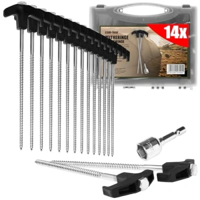 Abbildung von com four® 14x Zelt Heringe aus Stahl mit Adapter für Akkuschrauber Schraubheringe in Transportbox robuste Erdnägel Gewinde Camping und Outdoor Zeltpflöcke ideal harten Boden