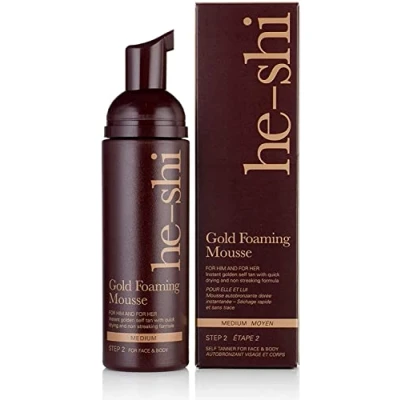 Abbildung von He Shi Gold Foaming Mousse Instant Self Tanning Foam Kein Geruch von künstlicher Bräune Formel für schnelles Trocknen ohne Streifen Natürliche vegane Künstliche Körper und Gesicht (150 ml)