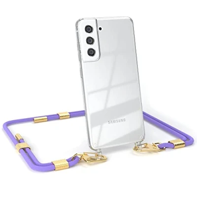 Abbildung von EAZY CASE kombinierbare Handyketten kompatibel mit Samsung Galaxy S21 FE 5G, Transparente Silikon Hülle stylischen Umhängeband, Abnehmbarer Karabiner, Schultergurt, Lavendel Lila Clips Gold