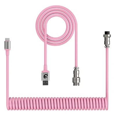 Abbildung von Computer Gaming Tastaturkabel, kundenspezifisches gewickeltes Fliegerkabel für mechanische Tastatur, Typ C auf USB A, mit abnehmbarem Luftfahrtstecker aus Metall, TPU Federladekabel Rosa