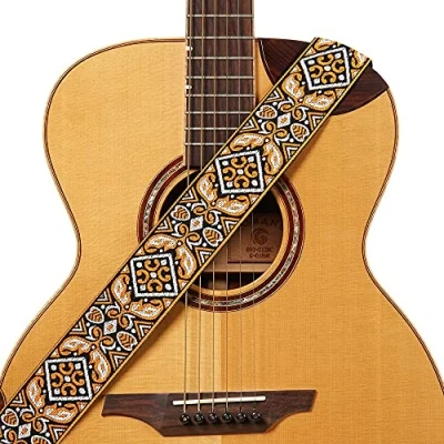 Abbildung von Amumu Oranger Gitarrengurt mit Vintage Baumwollstickerei für Akustik , E und Bassgitarren Gurtblöcken Kopfplatten Gurtbinder