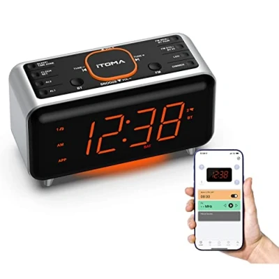 Abbildung von iTOMA Radiowecker mit App Steuerung, Bluetooth, FM Radio, Dual Alarm von 4 Alarmmodi, Easy Snooze, Dimmer, Orange Nachtlicht, 12/24 Hr über USB Ladeanschluss CKS208