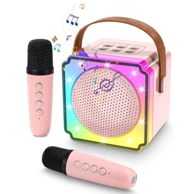 Abbildung von Karaoke Maschine Kinder mit 2 Mikrofon Kinder, tragbare LED Licht und Sprachveränderungseffekten, Geschenke für Alter 5 12 Jungen, Mädchen