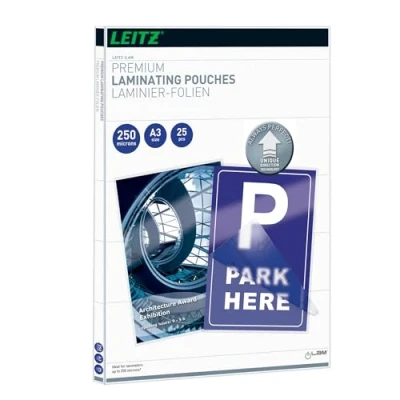 Abbildung von Leitz Heißlaminierfolien A3 250 mic, Laminierfolien in extrastarker Premium Qualität, 25er Pack, Glänzend, Transparent, Vereinfachtes Einlegen durch UDT, iLAM, 74910000