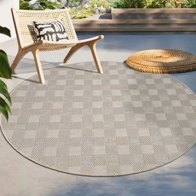 Abbildung von Paco Home In &amp; Outdoor Teppich Balkon Terrasse Küchenteppich Modernes Boho Ethno Muster, Grösse:120 cm Rund, Farbe:Beige 8