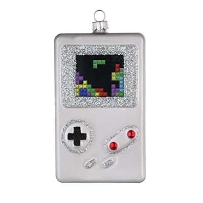 Abbildung von Christbaumschmuck Glas 11cm Spielkonsole mit Glitzer Weihnachtskugeln Videospiel weiß bunt