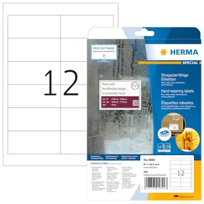 Abbildung von HERMA 4692 Wetterfeste Folienetiketten, 25 Blatt, 97 x 42,3 mm, 12 pro A4 Bogen, 300 Stück, selbstklebend, bedruckbar, matt, blanko Klebeetiketten Aufkleber aus Folie, weiß