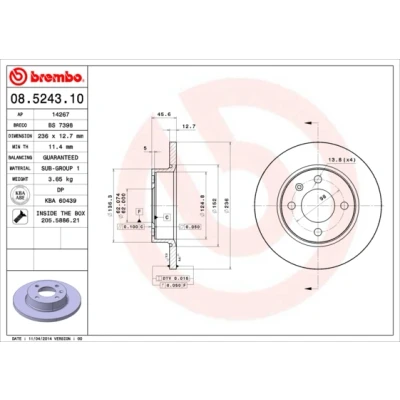 Abbildung von BREMBO 08.5243.10 Bremsscheibe 236 12,7 4 voll mit Schrauben