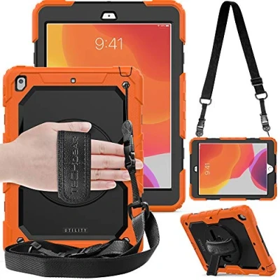 Abbildung von TECHGEAR Utility Hülle für iPad 10.2 2021/2020/2019 [9. 8. 7. Generation] Robust Heavy Duty Stoßfeste Schutzhülle mit 360 Grad Schwenkständer, Hand Schultergurt Eingebauter Displayschutz Orange