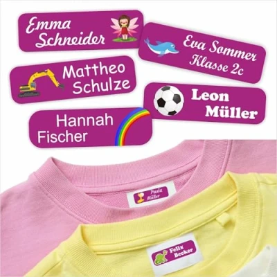 Abbildung von Indigos UG Namensschilder für Kleidung lila 35x10mm 60 Stück Namensaufkleber Kinder Schule &amp; Gegenstände, Kindergarten, KITA Wäscheetiketten selbstklebend