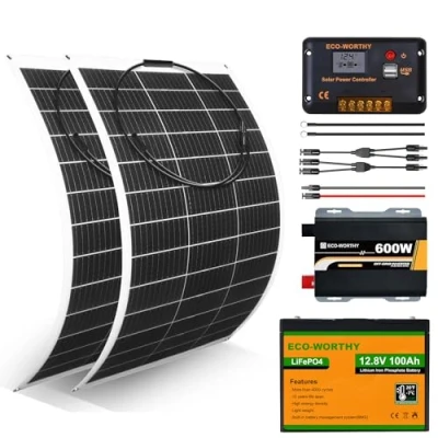 Abbildung von ECO WORTHY 260W 12V Flexibles Solarpanel Komplettes Kit: 2 * 130W Solarmodul + 100Ah Litthiumbatterie 600W Sinuswechselrichter 30A PWM Laderegler für Camper, Wohnmobil, Van