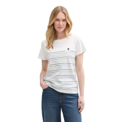 Abbildung von TOM Tailor MIT Streifenmuster Tshirt print, Damen, Größe: Small, Whisper white