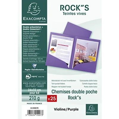 Abbildung von Exacompta 415007E 25er Pack Aktenmappen ROCKS mit 2 Innenfächern 220g für DIN A4 PEFC™ zertifizierte lila Präsentationsmappe Sammelmappe Dokumentenmappe