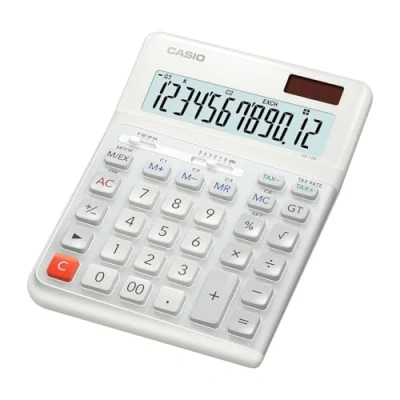Abbildung von Casio ergonomischer Tischrechner DE 12E WE, 12stellig, Tastatur in Treppendesign, vertikale Tastenanschläge, Steuerberechnung, Währungsumrechnung, Vorzeichenwechsel, Solar/Batteriebetrieb