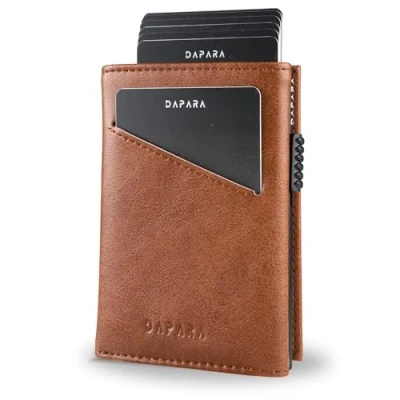 Abbildung von DAPARA Slim Wallet mit Münzfach &amp; RFID Schutz Geldbörse Herren klein Portmonee Kartenetui für 12 Karten Smart for Men Geldbeutel Kreditkartenetui Cognac