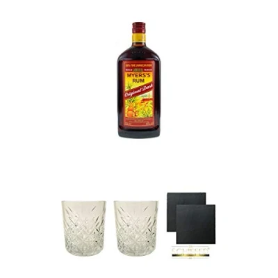 Abbildung von Myers&#039;s Original Dark Rum 4 Jahre Jamaika 1,0 Liter + Glas 1 Stück Schiefer Glasuntersetzer eckig ca. 9,5 cm Ø 2