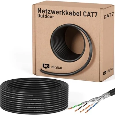 Abbildung von HB DIGITAL 25m CAT 7 Netzwerkkabel Outdoor LAN Kabel Verlegekabel S/FTP AWG23 doppelt geschirmt PiMF reines Kupfer max 10Gbit/s Netzwerk Installation Ethernet Datenkabel für Außenbereich Schwarz