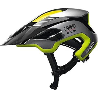 Abbildung von ABUS Montainbike Helm MonTrailer Quin Smarter Fahrradhelm mit Crash Erkennung und SOS Alarm System Unisex Gelb/Silber Matt, Größe M (55 58cm)