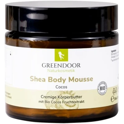 Abbildung von GREENDOOR Körperbutter Cocos, Bodymousse 200ml mit BIO Shea Butter, echter Kokosnuss, rein natürliche Body Naturkosmetik Haut Pflege Körper Creme Natur, neu im Braunglas Tiegel
