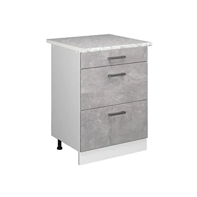Abbildung von Vicco Küchenunterschrank R Line, Beton/Weiß, 60 cm mit Schubladen, AP Marmor