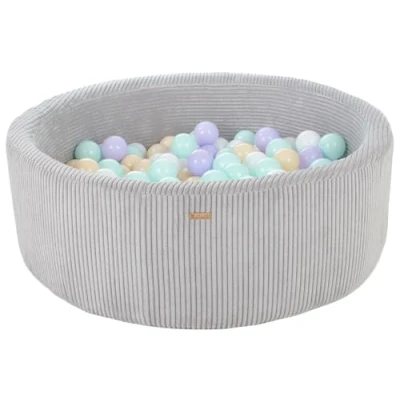 Abbildung von Bällebad Bällepool Bällebecken Spielbecken Kordsamt Bezug 200 Bälle rund ⌀90 cm (Farbe des Pools/der Bälle: grau/weiß, violett, cappuccinofarben, mint)