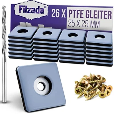 Abbildung von Filzada Möbelfuß 26x Teflongleiter Schraube Eckig 25x25/50x50mm PTFE Möbelgleiter
