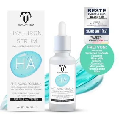 Abbildung von ROXUNITED Hyaluron Serum [Vergleichssieger 2024] Hormonfrei, Für alle Hauttypen, Anti Aging, Gesicht, Hals, Dekolletê