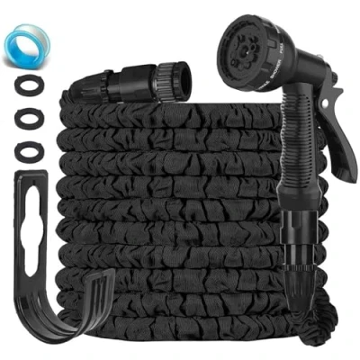 Abbildung von LINGKY Flexibler Gartenschlauch 7,5m mit 8 Funktionen Sprühfunktionen, Wasserschlauch flexibel 3 Fach Latexkern inkl. Adapter für 1/2&#039; 3/4&#039; Zoll und Wandhalterung, dehnbarer flexiSchlauch