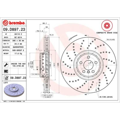 Abbildung von BREMBO 09.D897.23 Bremsscheibe 395 36 5 gelocht/innenbel., Verbundbremsscheibe beschichtet hochgekohlt mit Schrauben BMW: 8 Coupe, X5, X6